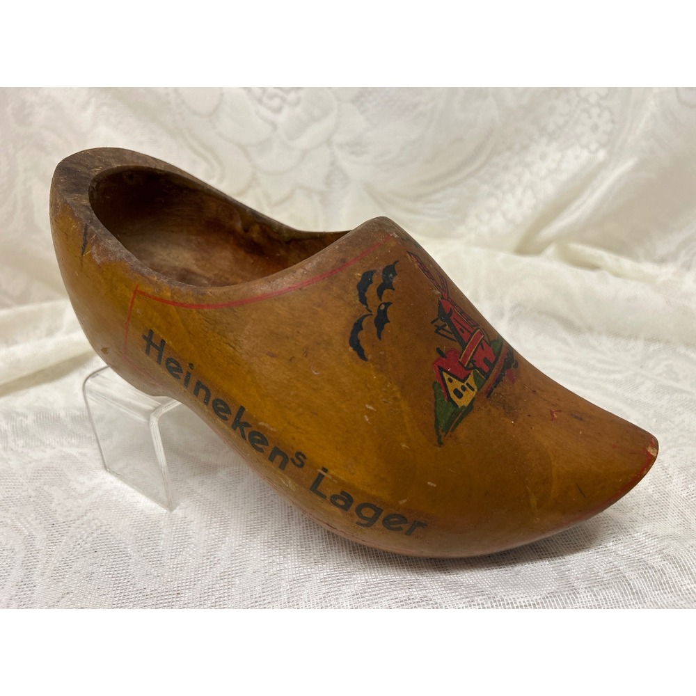 Vintage Heineken Lager Wooden Clog Hand Painted Windmill Dutch Souvenir Shoe